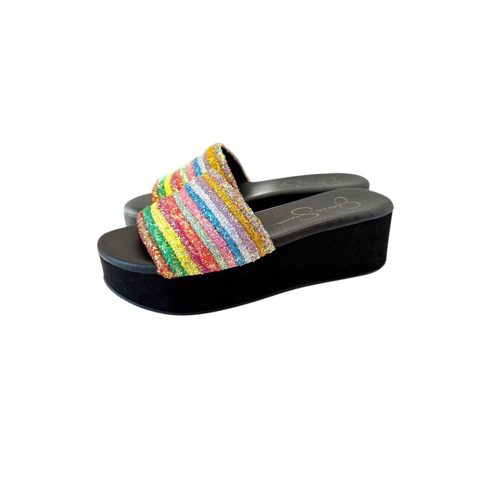 Jessica Simpson Trivia Women's 6 Rainbow Glitter Platform Slide Sandal Slip On